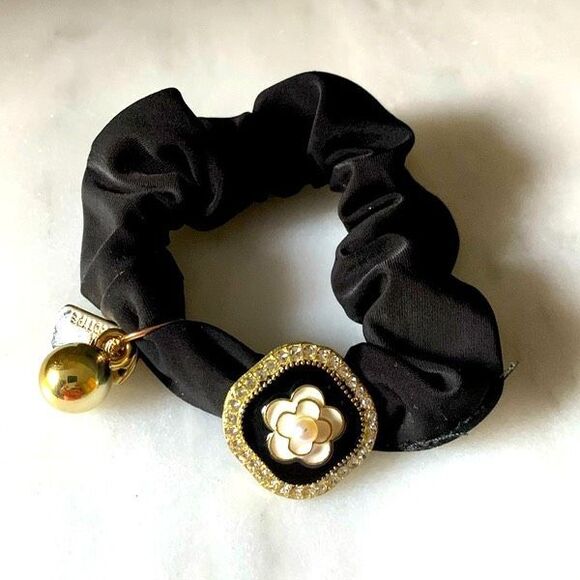 Girl’s Black Camellia Flower Scrunchie with Charms - Hair Tie Hair Band Ponytail - Picture 1 of 10